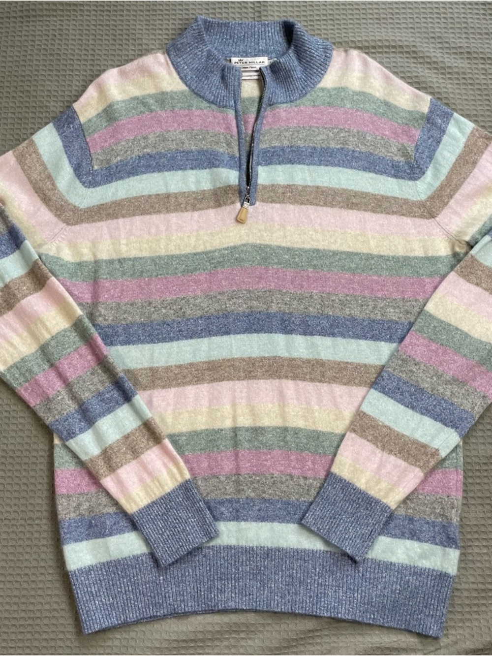 Peter Millar Crown Fleece Cashmere Linen Sweater Large Pastel Stripe 1/4 Zip